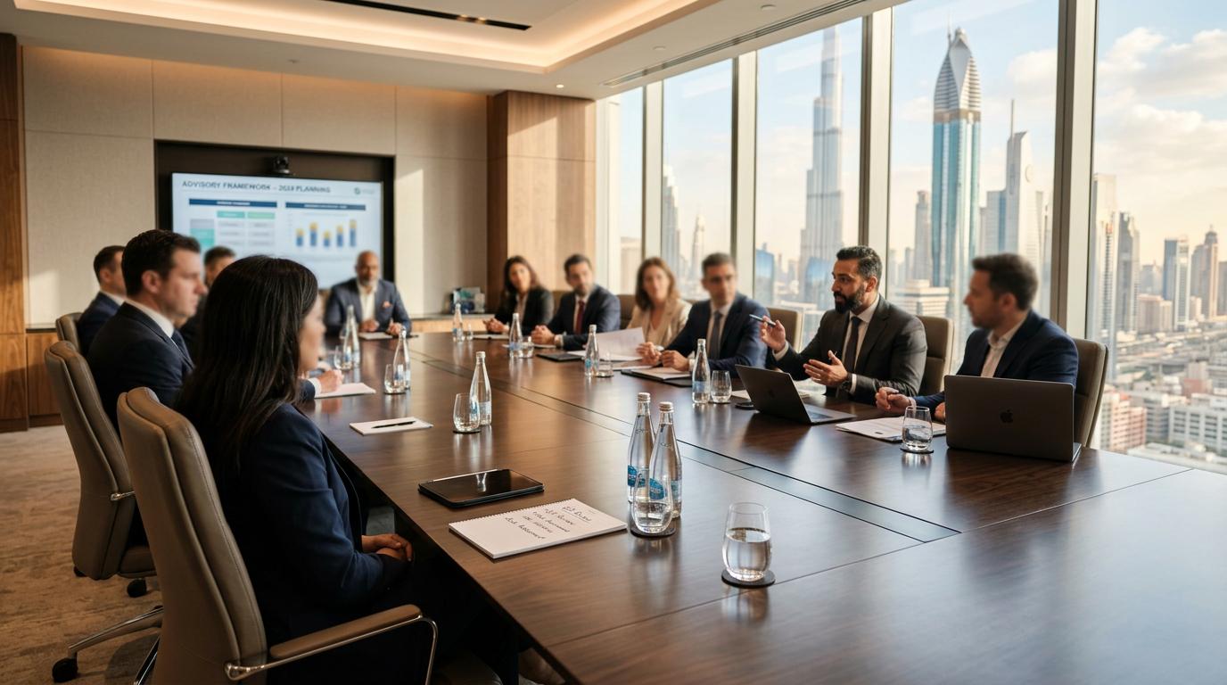 Executive boardroom for compliance advisory meeting